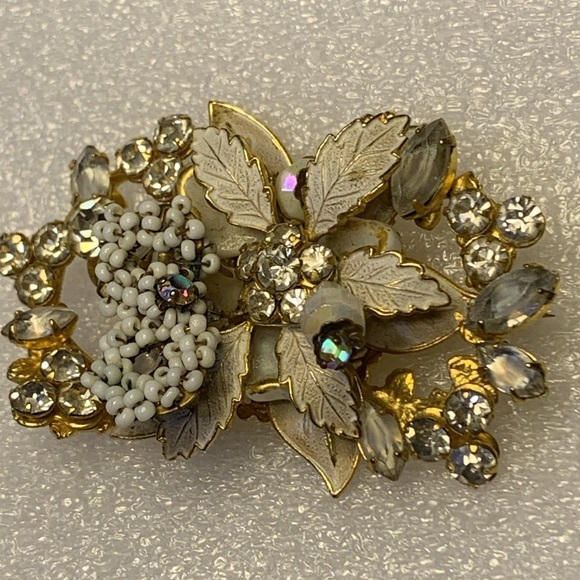 RARE Original By Robert Vintage Flower White Leaves Rhinestone Brooch - Picture 3 of 6